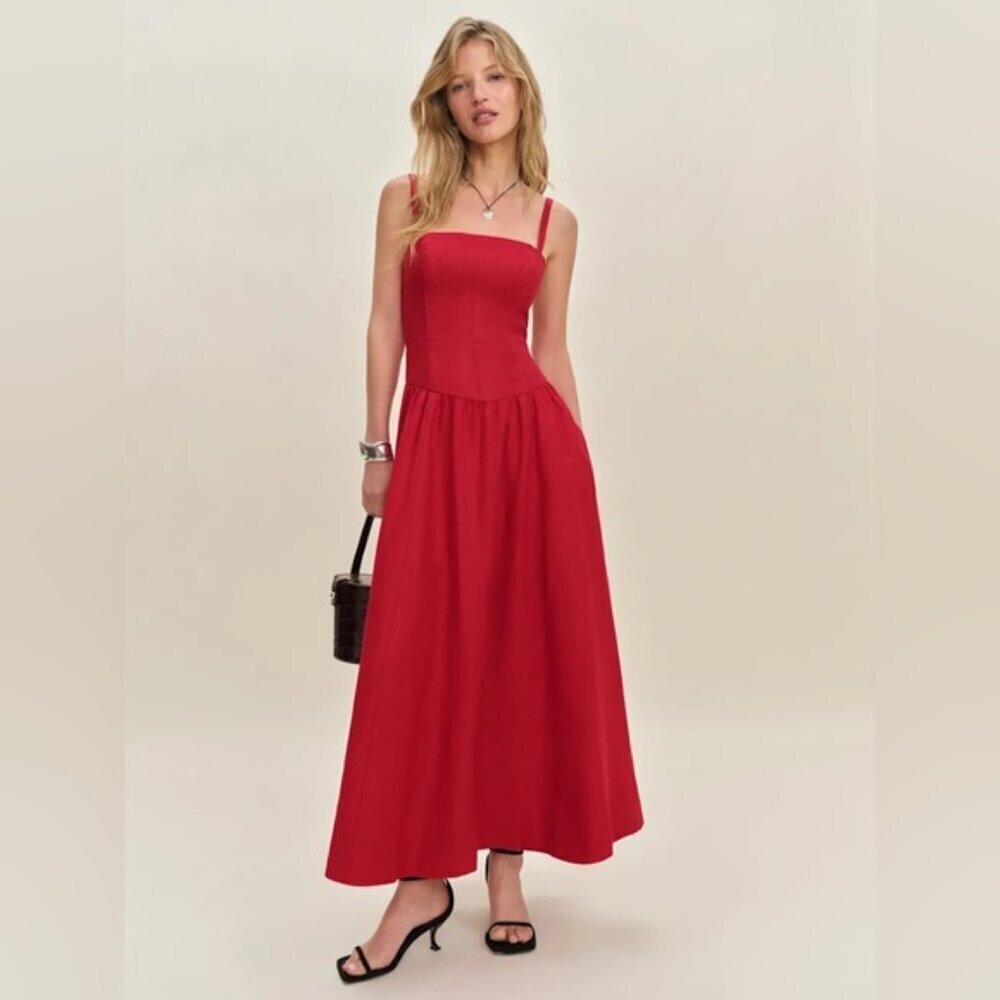 Reformation Katarin Linen Midi Dress Lipstick Red Lace Detail | US 2 UK 6